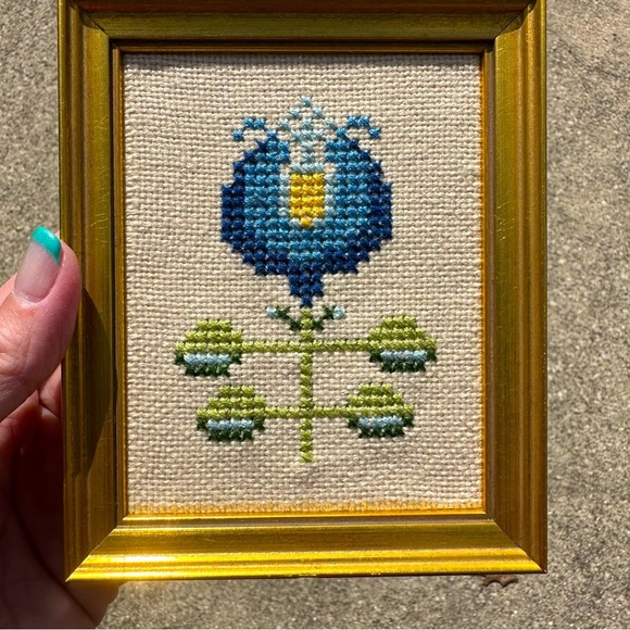 Other - Cross Stitch Embroidery Blue Yellow Green Flower Framed 4.5” X 5.5” Vintage 1979